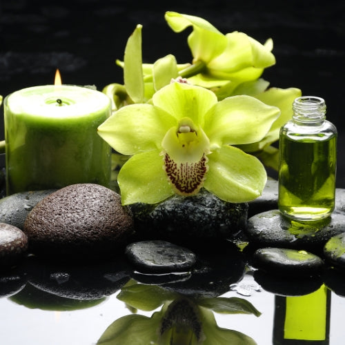 Spa Fresh Waxmelt – geurblokje van sojawas met den, lavendel, citrus, jasmijn en musk. Foto van groene orchidee, spa-kaars en glazen flesje olie met zwarte stenen.