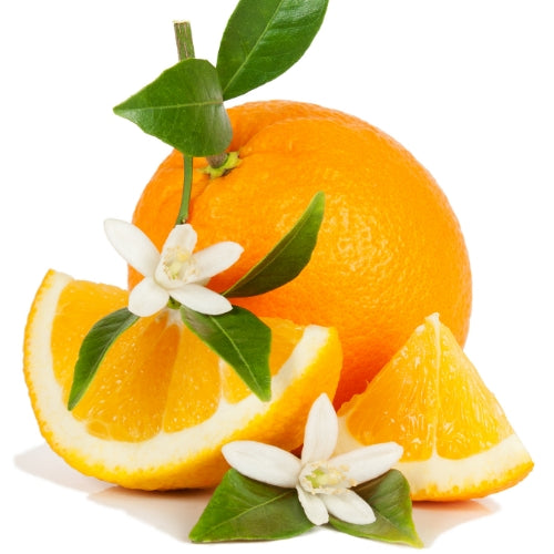 Sinaasappel Bloesem Waxmelt – geurblokje van sojawas met bergamot, sinaasappelbloesem, citrus en een vleugje zoet. Foto van sinaasappel met partjes en witte bloesems.