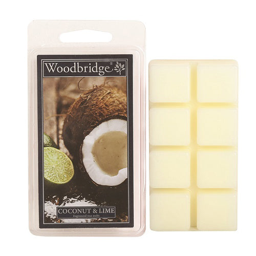 Coconut Lime Wax Melts Woodbridge – frisse geurblokjes met kokos, limoen en vanille. Foto van groene wax melts in verpakking met tropische uitstraling.