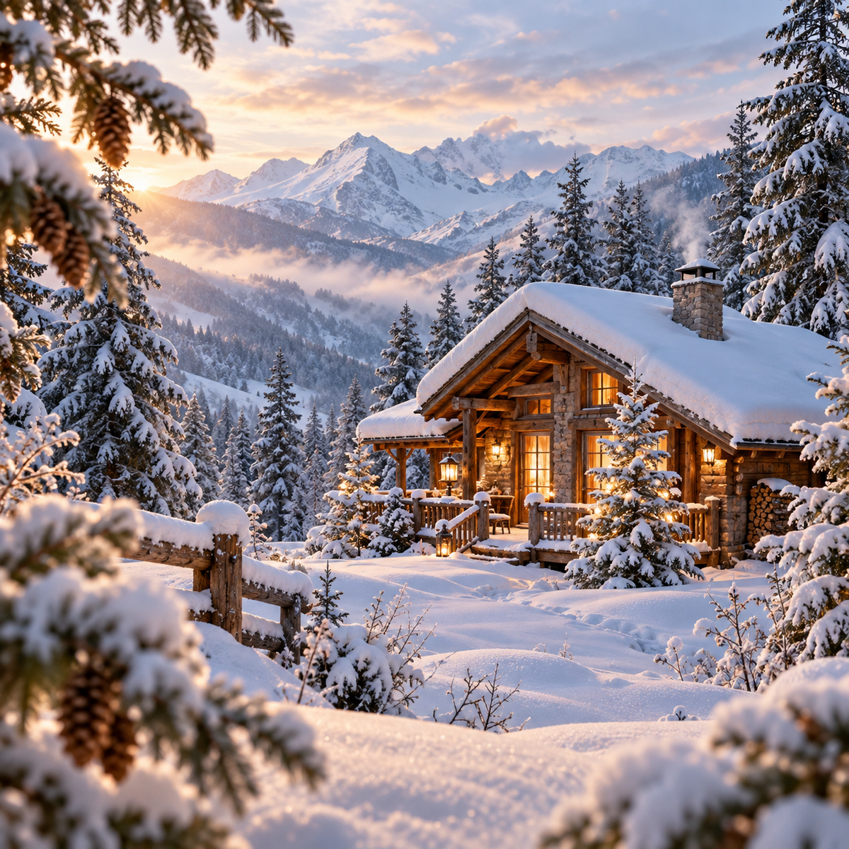 Woodland Holiday Waxmelt – winters boshuisje tussen besneeuwde dennen en bergen