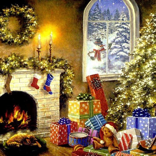 Christmas Memories Waxmelt – geurblokje van sojawas met sinaasappel, cranberry, kaneel, kruidnagel, kerstgroen en dennenappels. Foto van knusse kerstkamer met haardvuur, boom en cadeautjes.