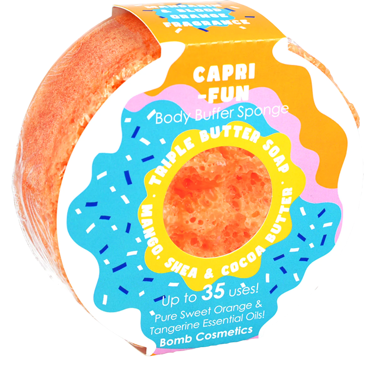 Bomb Cosmetics Capri Fun body buffer spons met sinaasappel geur en scrub effect