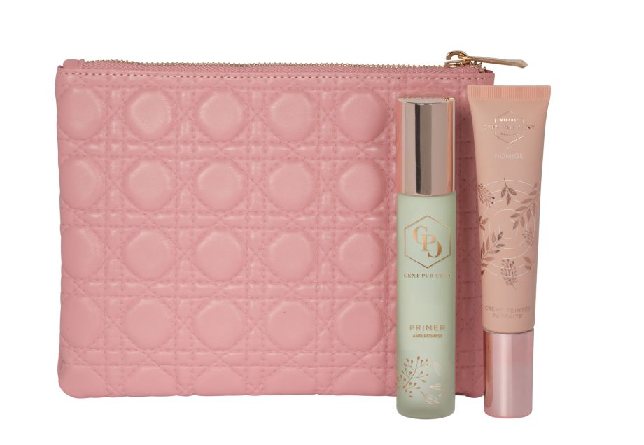 Cent Pur Cent Correct & Glow Kit met Anti-Redness Primer, CC Crème Medium-Dark en roze etui.