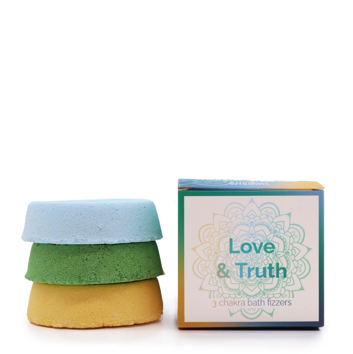 Chakra Bath Fizz Love & Truth – 3 chakra badbruisers lichtblauw groen geel