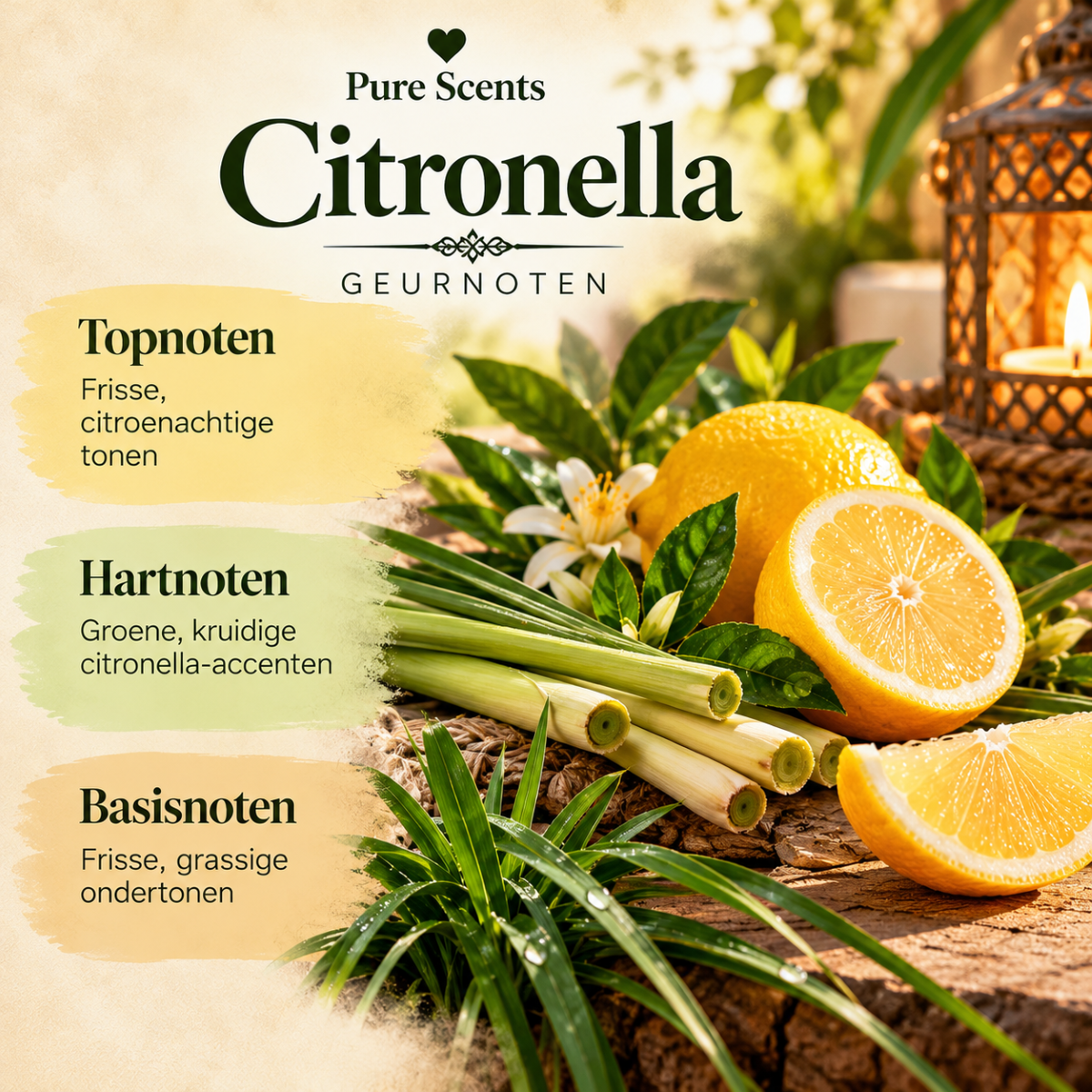 Geurnoten Citronella Waxmelt van Pure Scents met frisse citrus, groene citronella-accenten en grassige ondertonen.