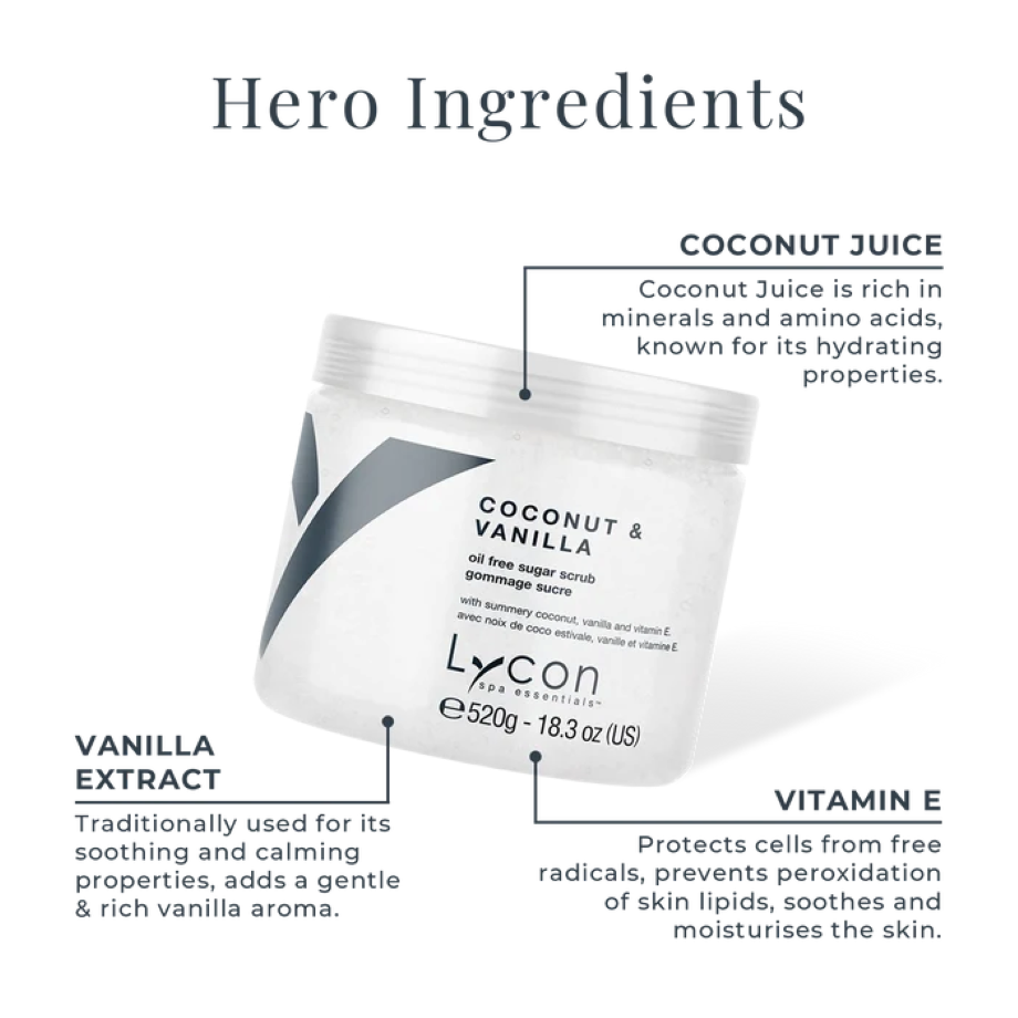 Lycon Coconut & Vanilla Sugar Scrub met kokossap, vanille-extract en vitamine E