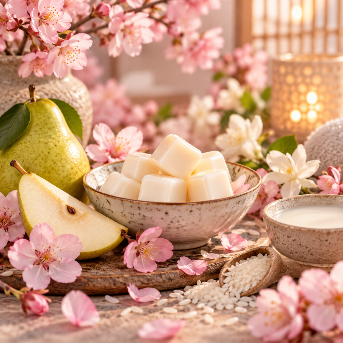 Cherry Blossom & Rice Milk waxmelt met kersenbloesem, peer en rijstmelk in zachte wellness sfeer