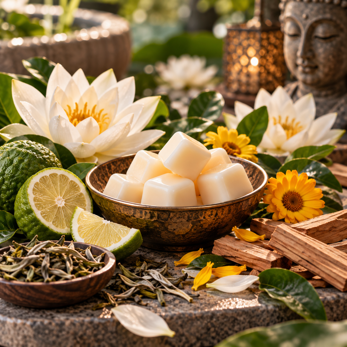 White Lotus & Tea waxmelt met witte thee, lotus, bergamot en sandelhout in luxe wellness sfeer