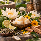 White Lotus & Tea waxmelt met witte thee, lotus, bergamot en sandelhout in luxe wellness sfeer