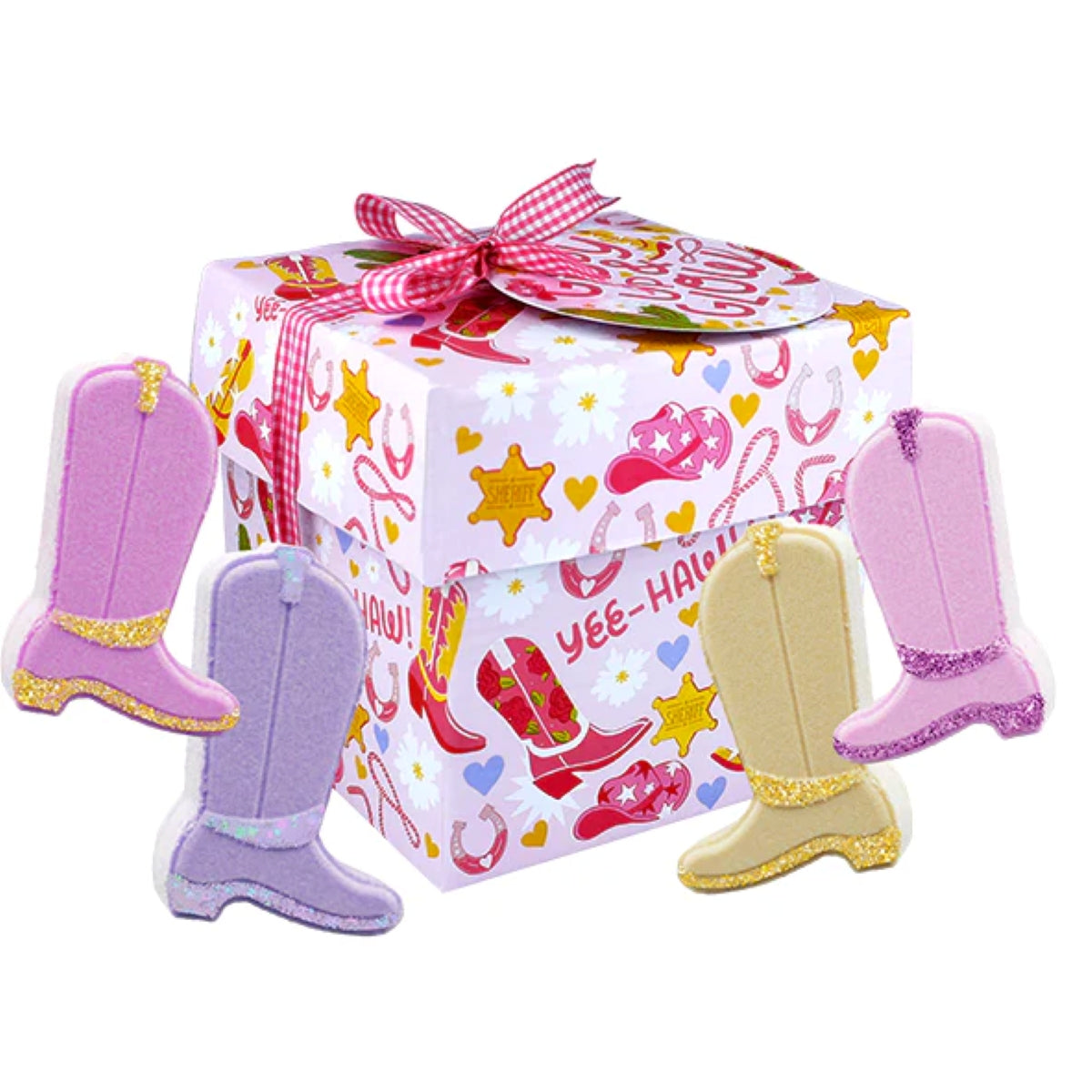 Bomb Cosmetics Giddy Up & Glow Gift Pack met vier cowboylaars-bruisballen in vrolijke kleuren, verpakt als feestelijk badcadeau.