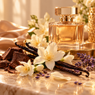 Golden Aura Waxmelt – luxe vrouwelijke parfumgeur met romige vanille, jasmijn, lavendel en cacao, sfeervol afgebeeld met een gouden parfumflesje.
