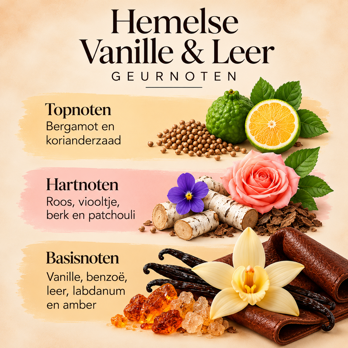 Geurnoten van Hemelse Vanille & Leer Waxmelt van Pure Scents met bergamot, korianderzaad, roos, viooltje, patchouli, vanille, leer en amber.