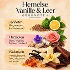 Geurnoten van Hemelse Vanille & Leer Waxmelt van Pure Scents met bergamot, korianderzaad, roos, viooltje, patchouli, vanille, leer en amber.