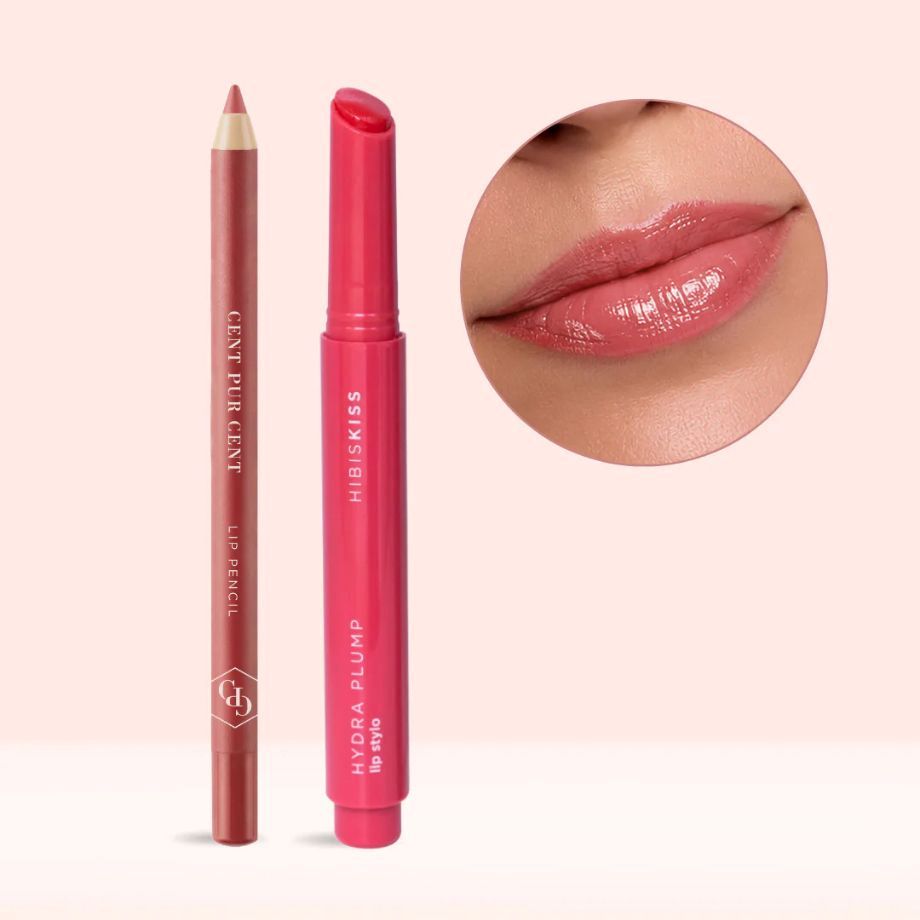 Nude Nectar Lip Pencil gecombineerd met Hydra Plump Lip Stylo HibisKiss voor een natuurlijke nude liplook