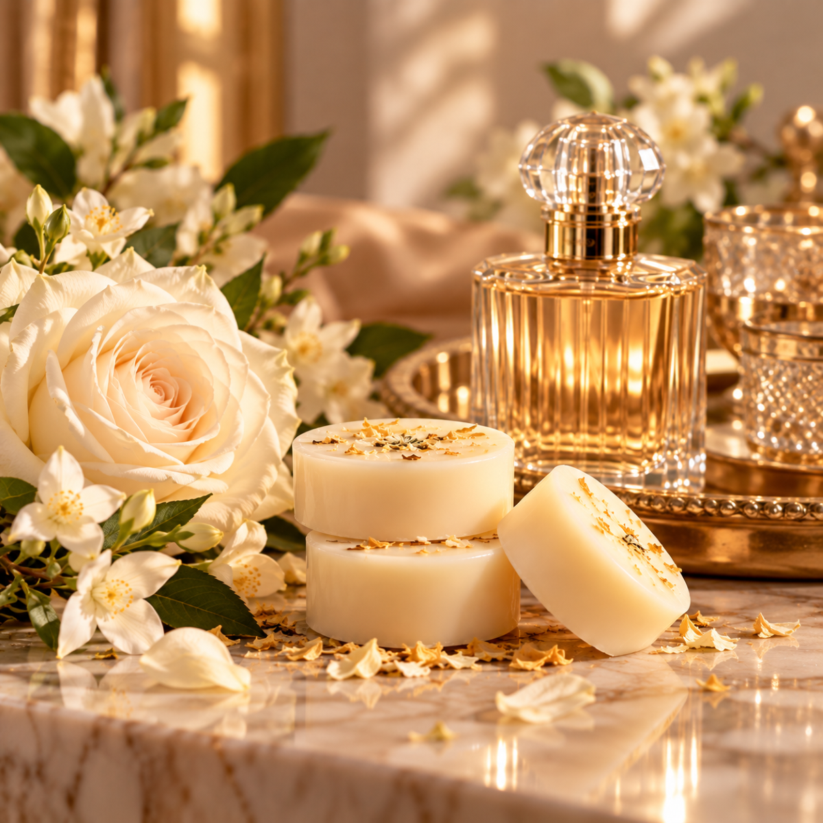 High Five Waxmelt – luxe poederige bloemengeur met jasmijn, rozen en sandelhout, sfeervol afgebeeld met witte bloemen, waxmelts en een elegant parfumflesje.