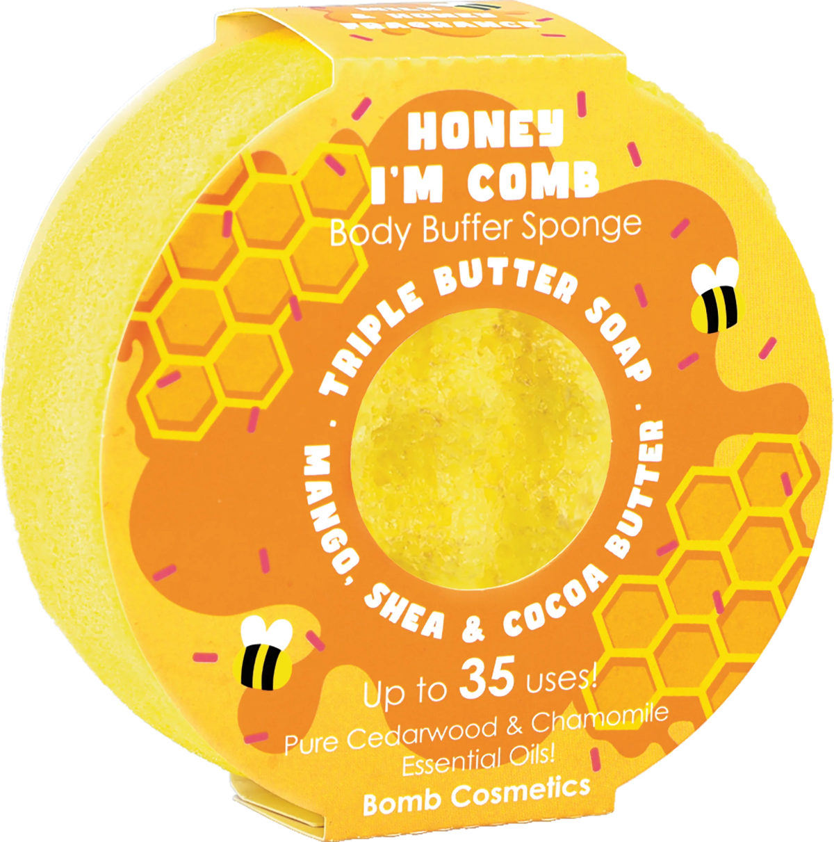 Honey I’m Comb Body Buffer Sponge met honingdesign – exfoliërende spons met cedarwood en kamille