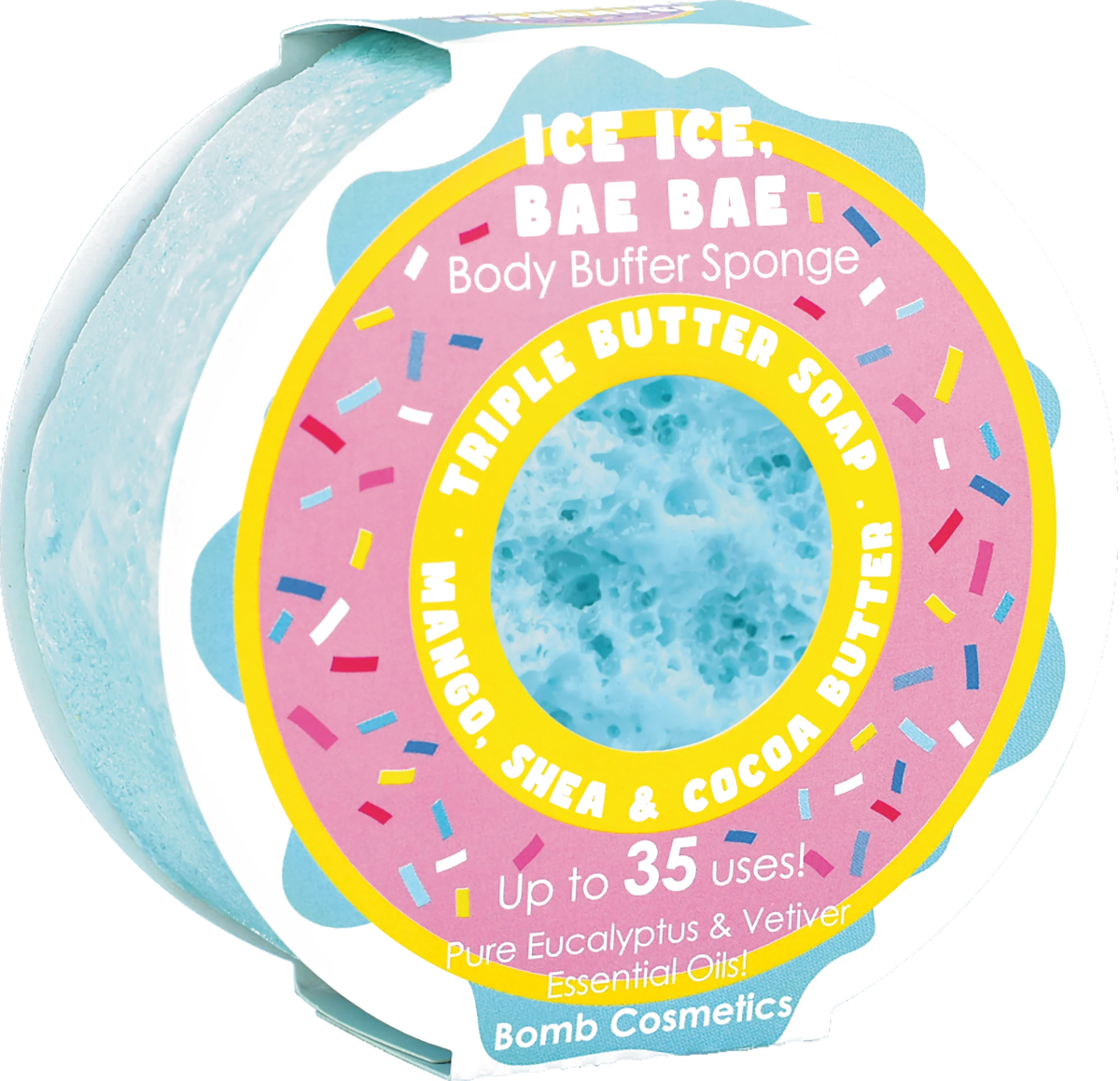 Bomb Cosmetics Ice Ice Bae Bae Body Buffer – exfoliërende spons met shea-, cacao- en mangoboter, eucalyptus- en vetiverolie