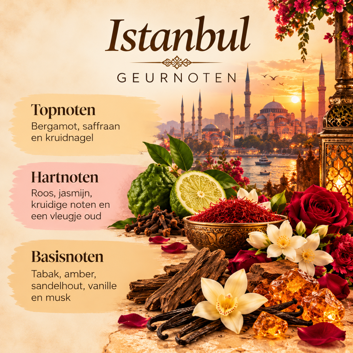 Geurnoten Istanbul Waxmelt van Pure Scents met bergamot, saffraan, kruidnagel, bloemige accenten en warme oosterse parfumtonen.