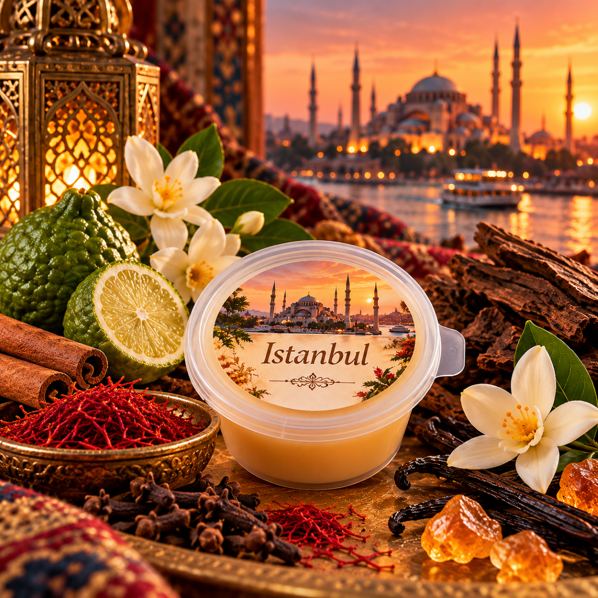 Istanbul Waxmelt van Pure Scents in transparant potje met oosterse kruiden, bloemen en een sfeervol uitzicht op Istanbul bij zonsondergang.