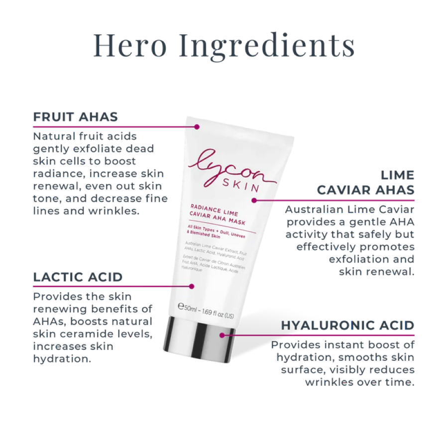 Lycon Skin Radiance Lime Caviar AHA Mask ingrediënten AHA fruitzuren en lime caviar