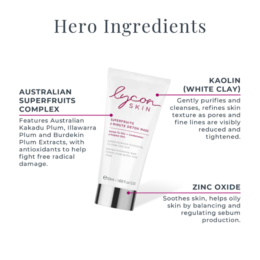 Lycon Skin Superfruits 3 Minute Detox Mask ingrediënten superfruit en kaolienklei