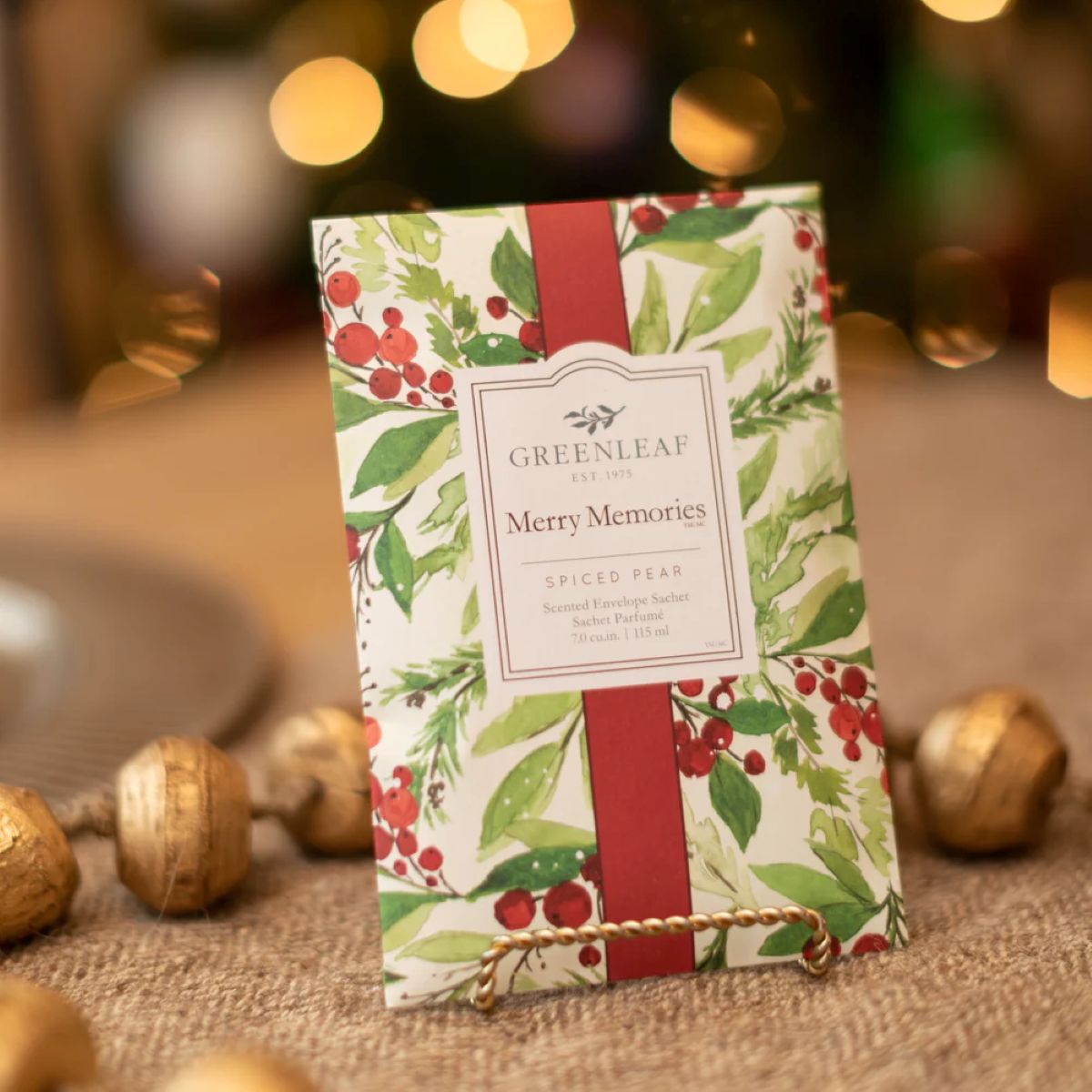 Geurzakje Merry Memories Greenleaf – warme, kruidige geur in kerstsetting met goud en lichtjes