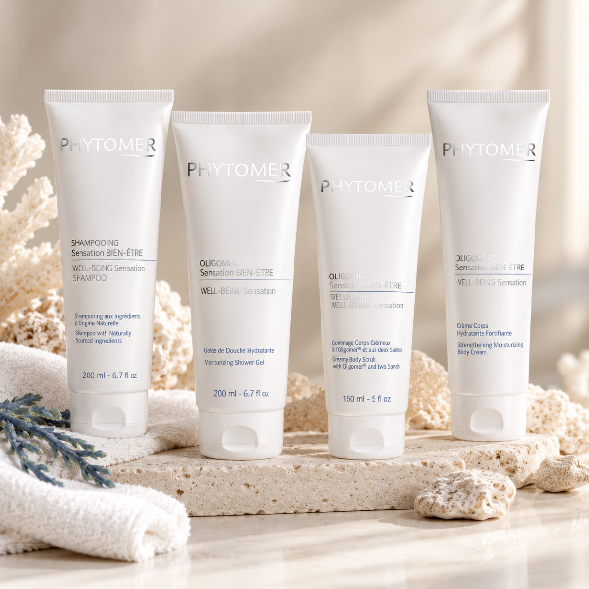 Phytomer Well-Being Sensation luxe wellness geschenkset met shampoo, douchegel, lichaamsscrub en hydraterende bodycrème – 4-delige verzorgingsset.