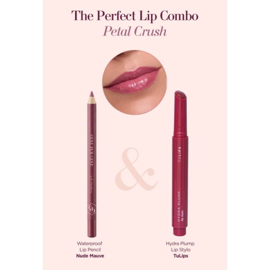 Cent Pur Cent Petal Crush lipcombinatie met Waterproof Lip Pencil Nude Mauve en Hydra Plump Lip Stylo Tulips