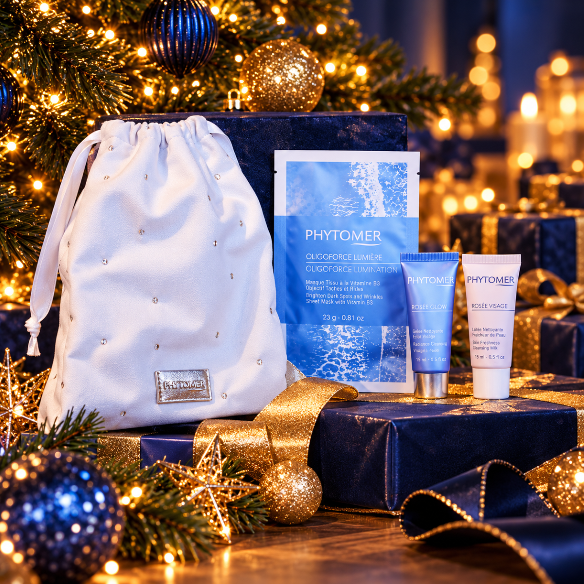 Phytomer Rosée Glow Kerstset 2026 met 3 huidverzorgingsproducten en gift pouch