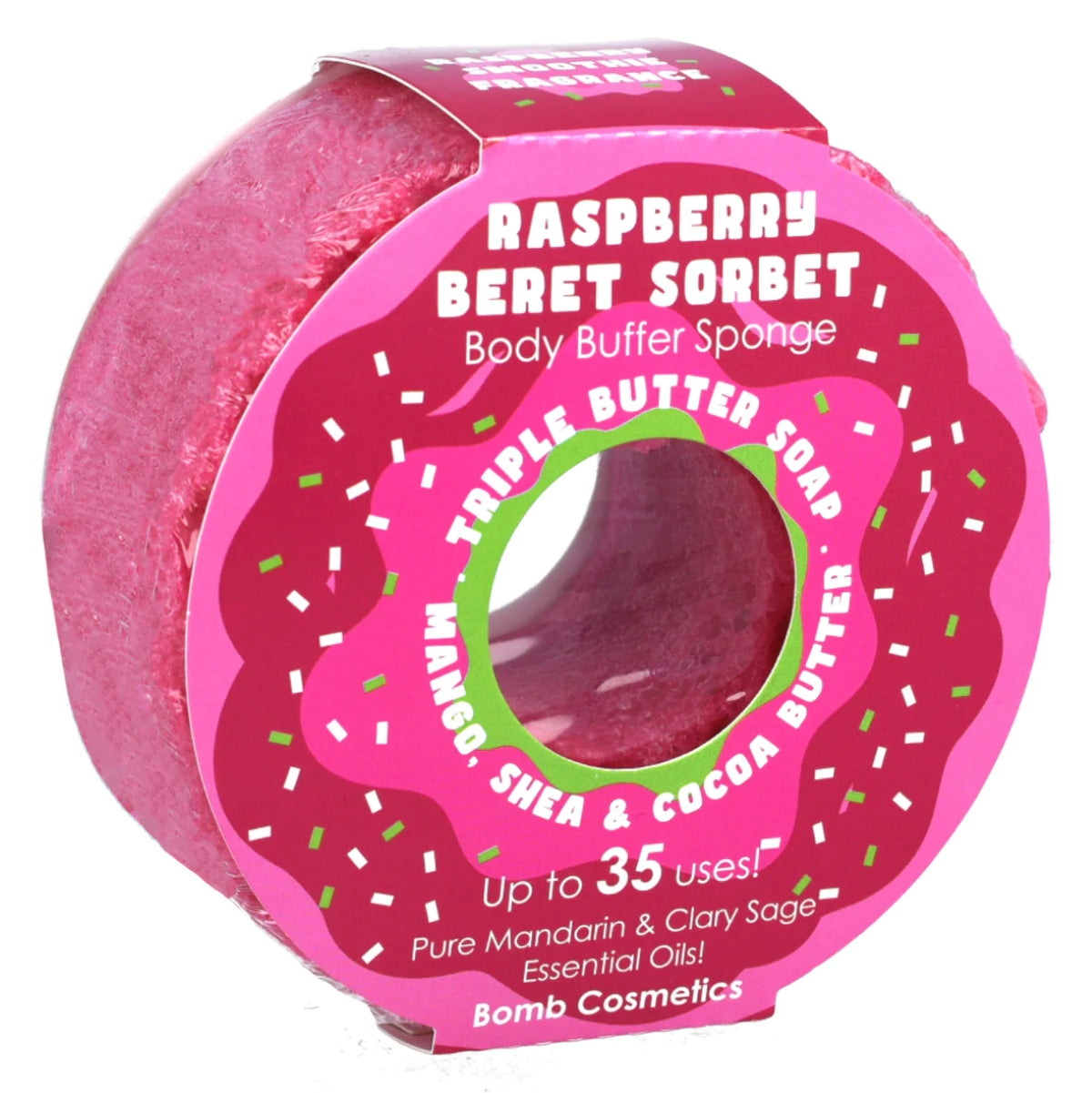 Bomb Cosmetics Raspberry Body Buffer – scrubspons met frambozengeur, verrijkt met mandarijn & salieolie.
