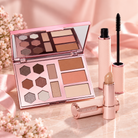 Self-Love Confidence make-up cadeauset van Cent Pur Cent met oogschaduwpalette, mascara en lipstick op een luxe roze achtergrond.