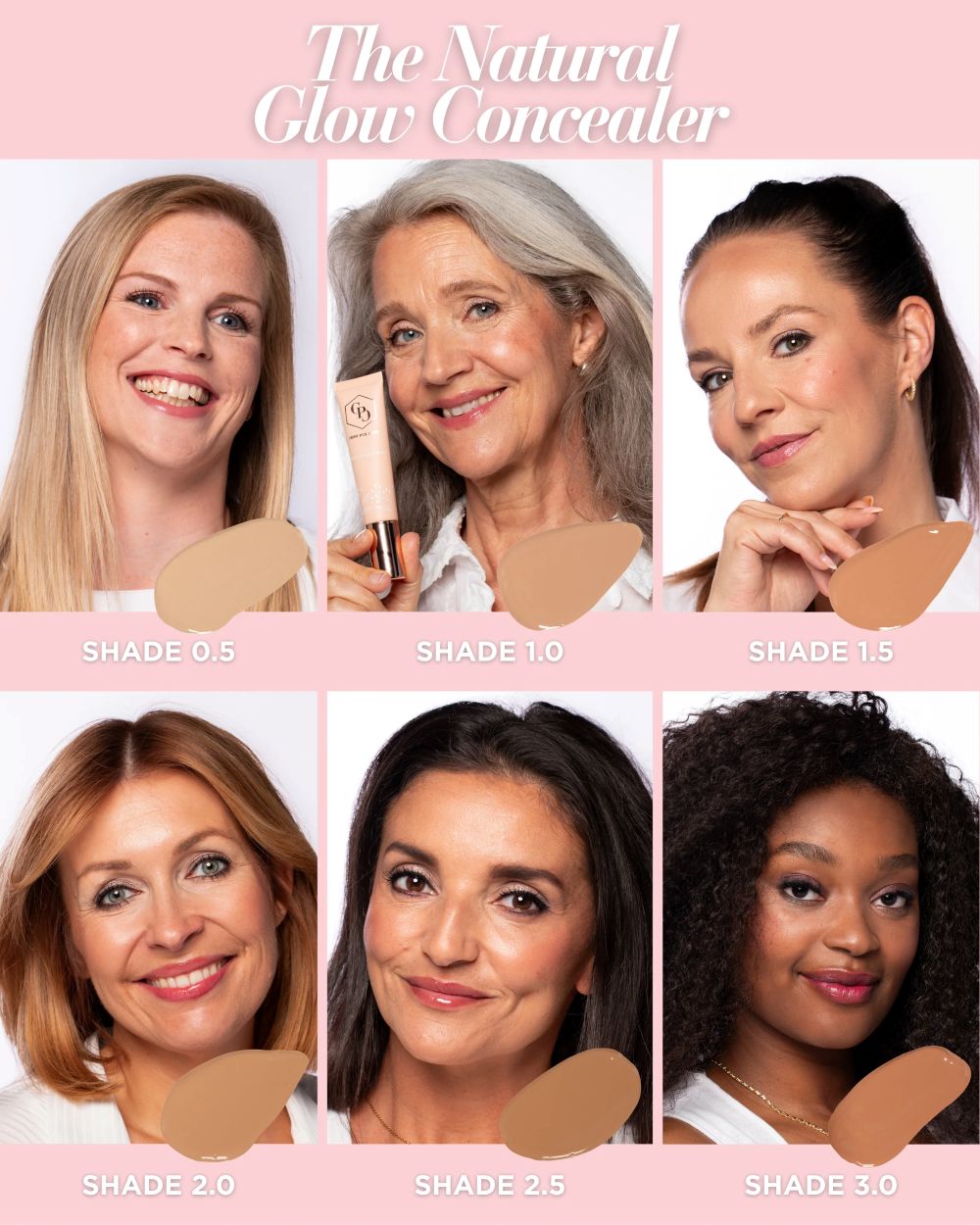 Zes modellen met verschillende huidtinten dragen de Cent Pur Cent Holy Glowy Concealer voor een natuurlijke, stralende look.