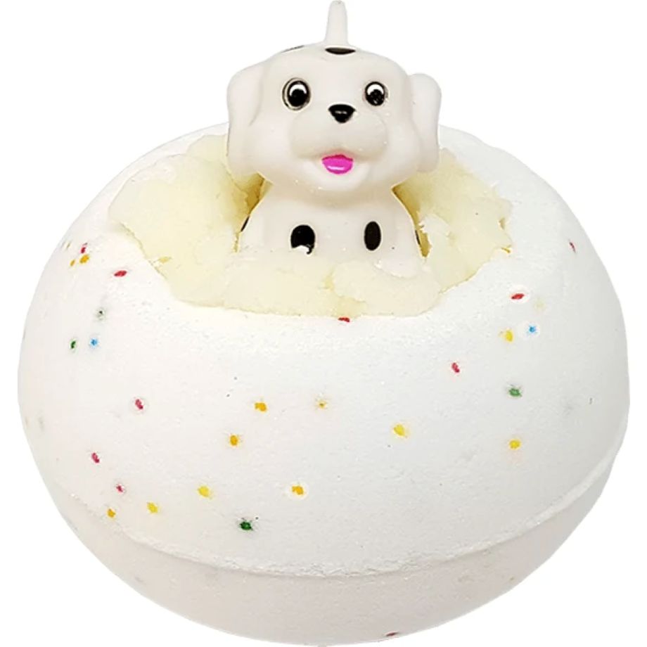 Spot On Bath Blaster witte bruisbal met sheaboter en klein speelgoedhondje