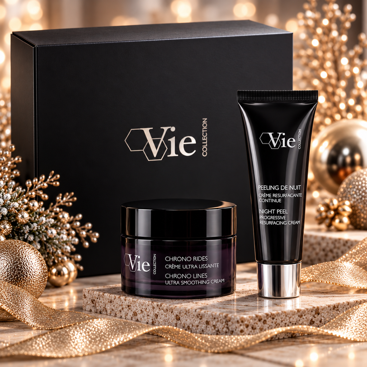 Vie Collection Chrono Rides en Peeling de Nuit feestdagenset 2026 met luxe zwarte geschenkdoos en gouden kerstdecoratie.