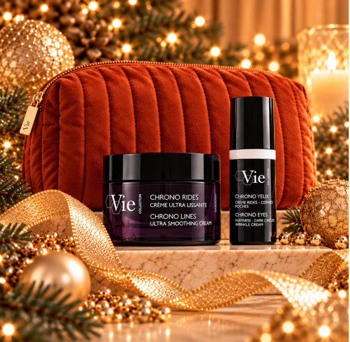 Vie Collection Chrono Rides Crème Ultra Lissante met gratis Chrono Yeux oogcrème en luxe toilettas in warme kerstsfeer.