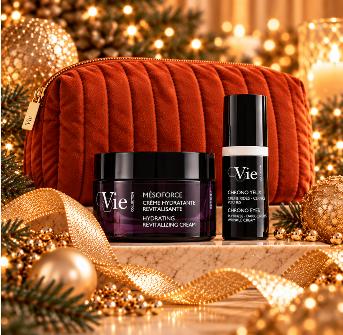 Vie Collection Mésoforce Crème Hydra Revitalisante met gratis Chrono Yeux oogcrème en terracotta toilettas als kerstgeschenk.