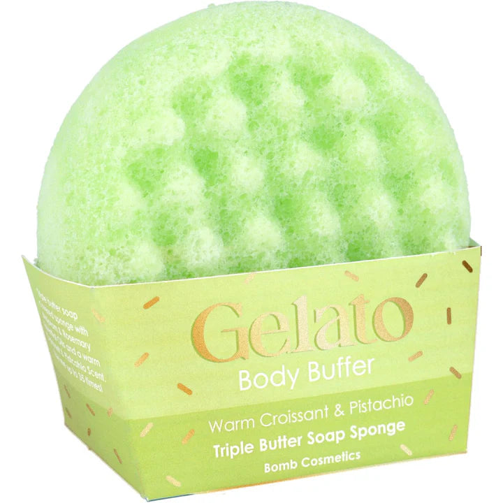 Bomb Cosmetics Warm Croissant & Pistachio Body Buffer – scrubspons met warme geur, verrijkt met marjolein & rozemarijnolie.