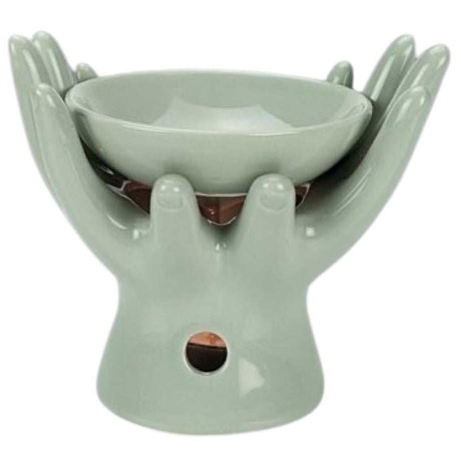 Grijze keramische wax brander in de vorm van handen voor wax melts en geurolie
