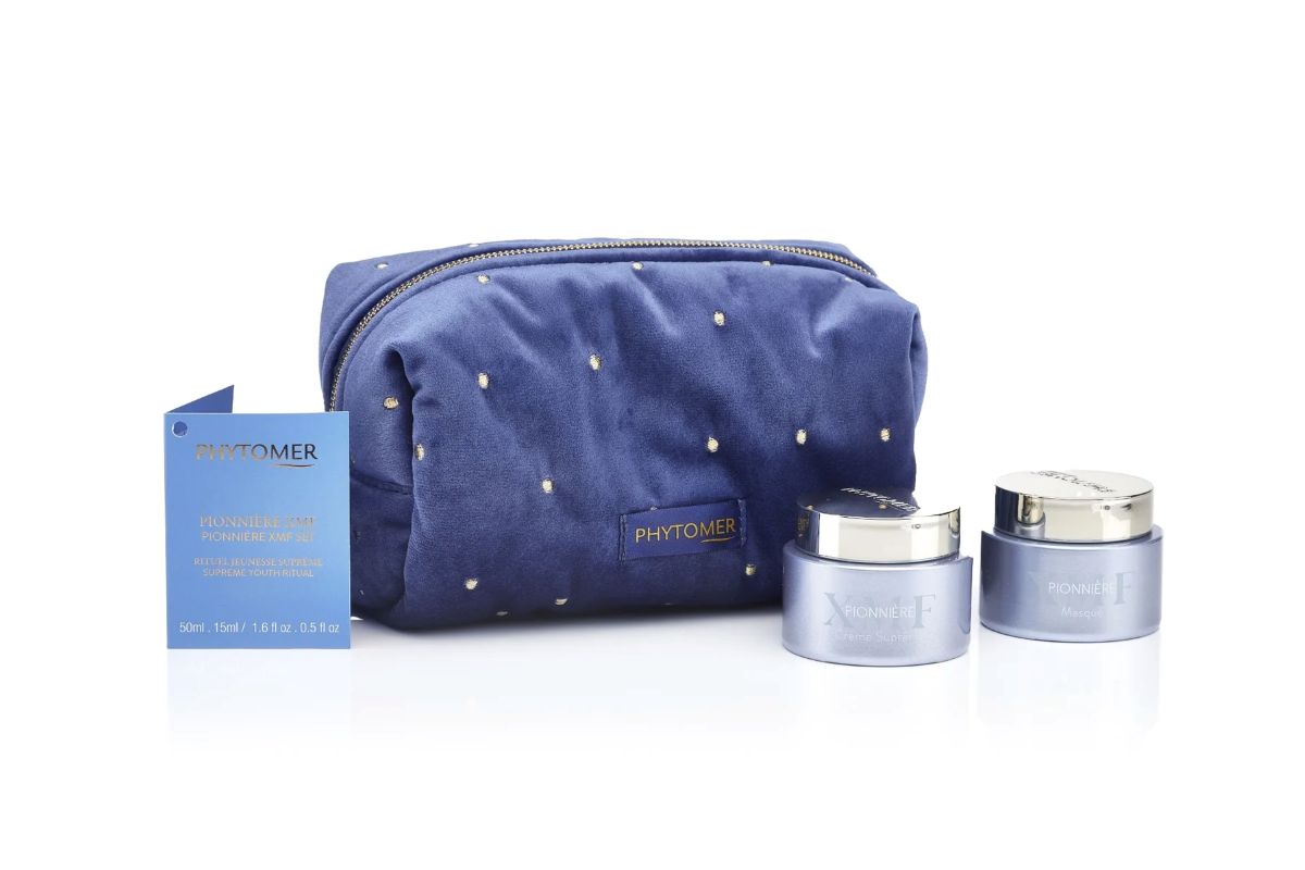Phytomer Ritual Pionnière XMF Supreme verzorgingsset met Crème Suprême, Exfoliating Mask-to-Oil en blauwe toilettas