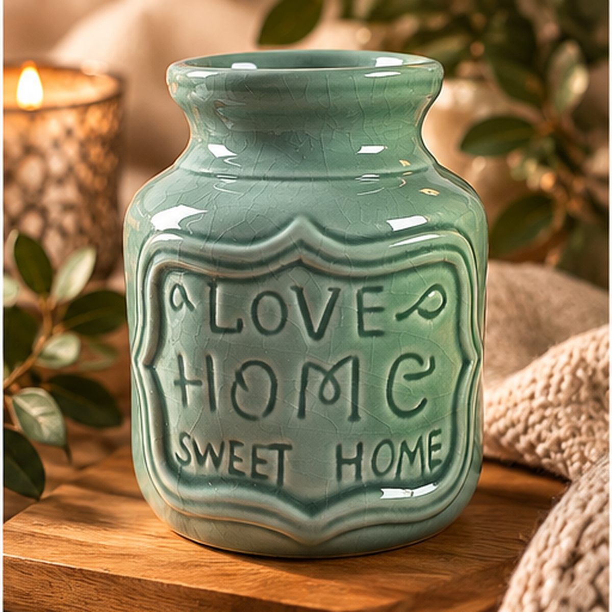 Home Sweet Home wax brander Zeegroen van glanzend keramiek met subtiel craquelé effect in een rustgevende woonomgeving.