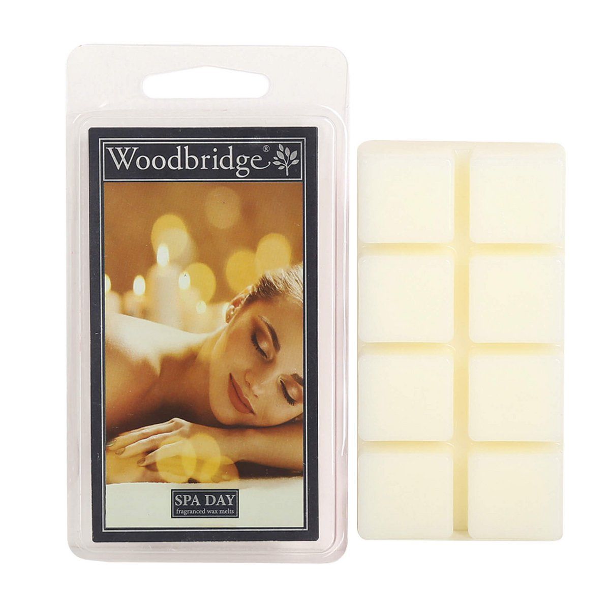 Woodbridge Spa Day wax melts met verpakking en crème-kleurige waxblokjes